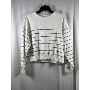 American Eagle Womens Medium White Black Striped Crewneck Relaxed Sweatshirt